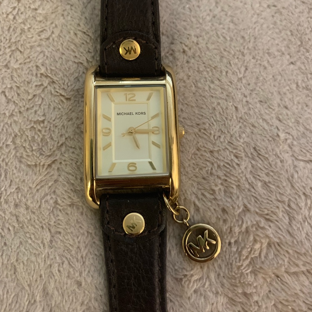 MICHAEL KORS Square Gold Brown Leather Watch